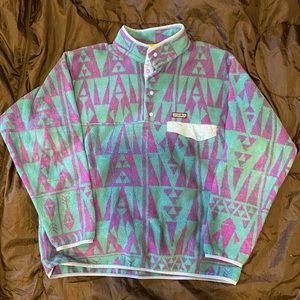 Patagonia synchilla men’s snap-t fleece pullover turquoise & purple patterned